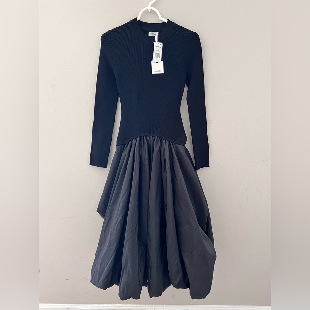 NWT SIMKHAI Kenlie Ribbed Knit Taffeta Mixed Media Dress ASO Taylor Swift Sz XS - Picture 4 of 10